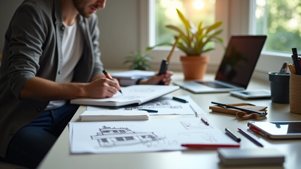 Designér s notebookem a tužkou pracující na strategii umístění popisků v galerii