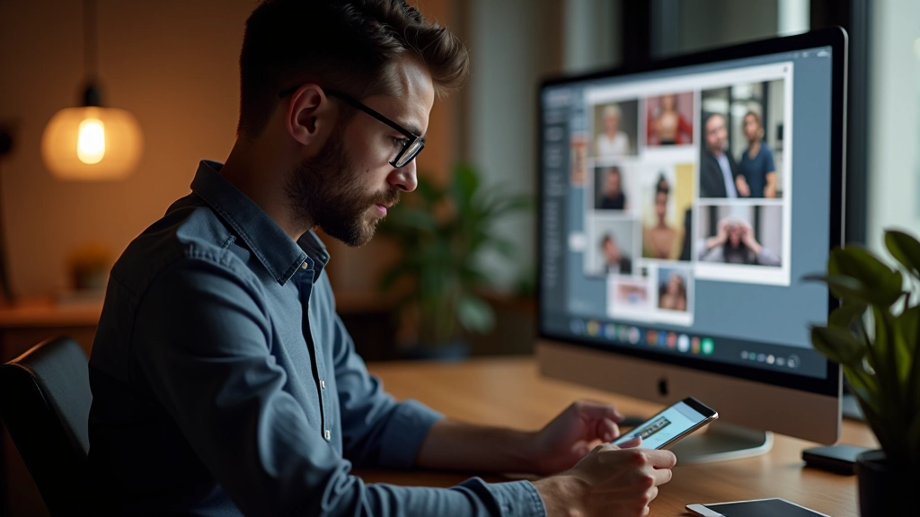 Designer pracuje na designu popisků v Figmě, tablet s galérií fotografií na stole