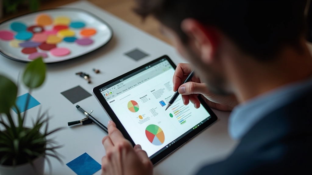 Designer pracuje s grid layoutem galerie na grafickém tabletu s pero a barevnými vzory