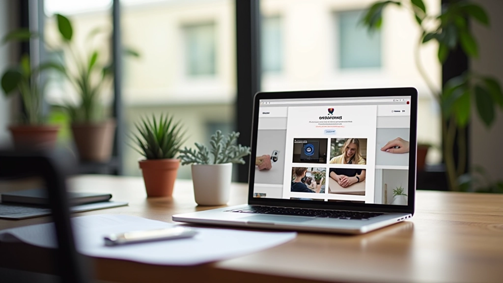 Obrazovka notebooku zobrazující responzivní galerii s miniaturami fotografií a lightbox náhledem