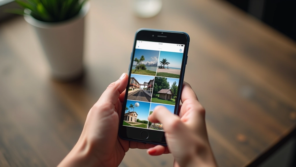 Mobilní obrazovka zobrazující galerii fotografií s dvěma sloupci miniatunek