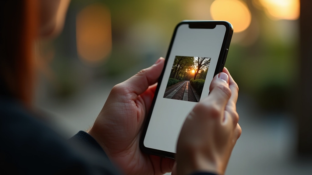Smartphone v ruce s otevřenou lightbox galerií a hladkými přechody mezi obrázky